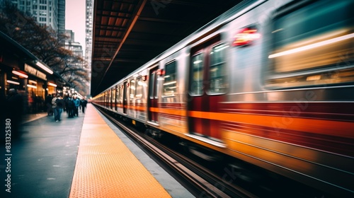 Dynamic subway train speeding through bustling and vibrant modern cityscape in rapid motion
