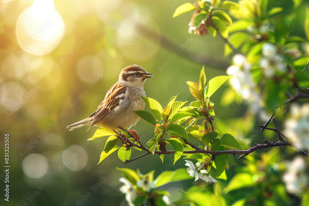 Naklejka premium Little cute bird happily singing on blooming spring holiday season tree branch, sunshine green background, sunny weather.