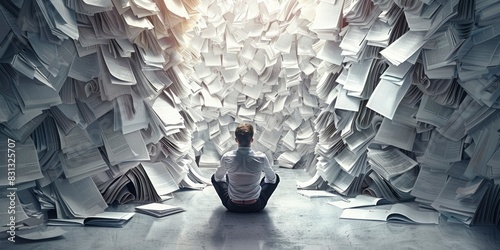 A businessman sitting in front of huge piles of documents and papers feeling surrounded by thousands of pages. photo