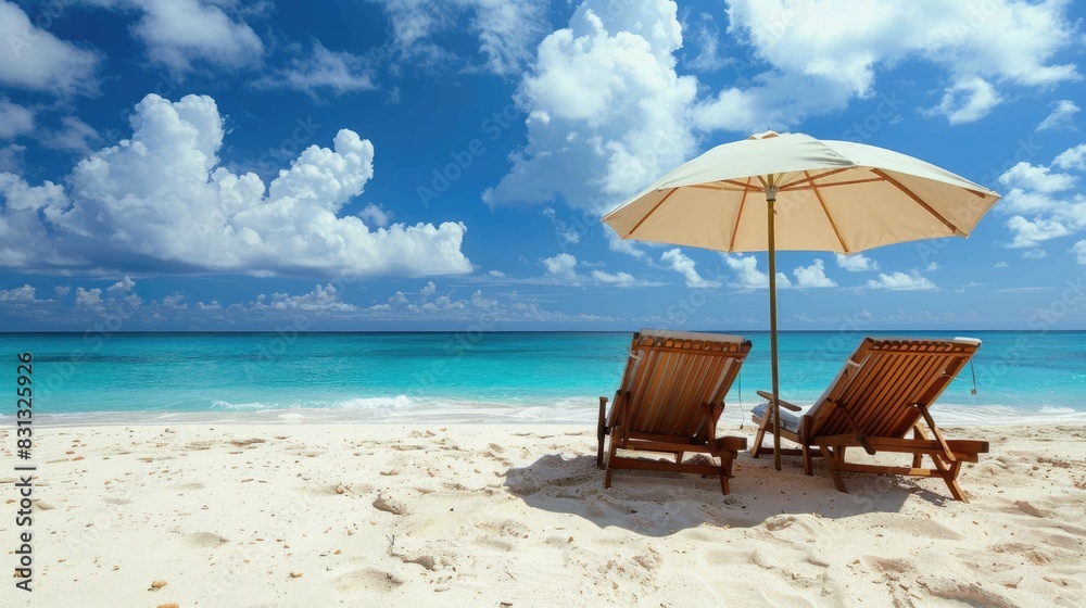 Fototapeta premium A beautiful beach background for a summer trip. Bright sun, palm tree and beach chairs on the sand against a beautiful blue sea and blue sky.