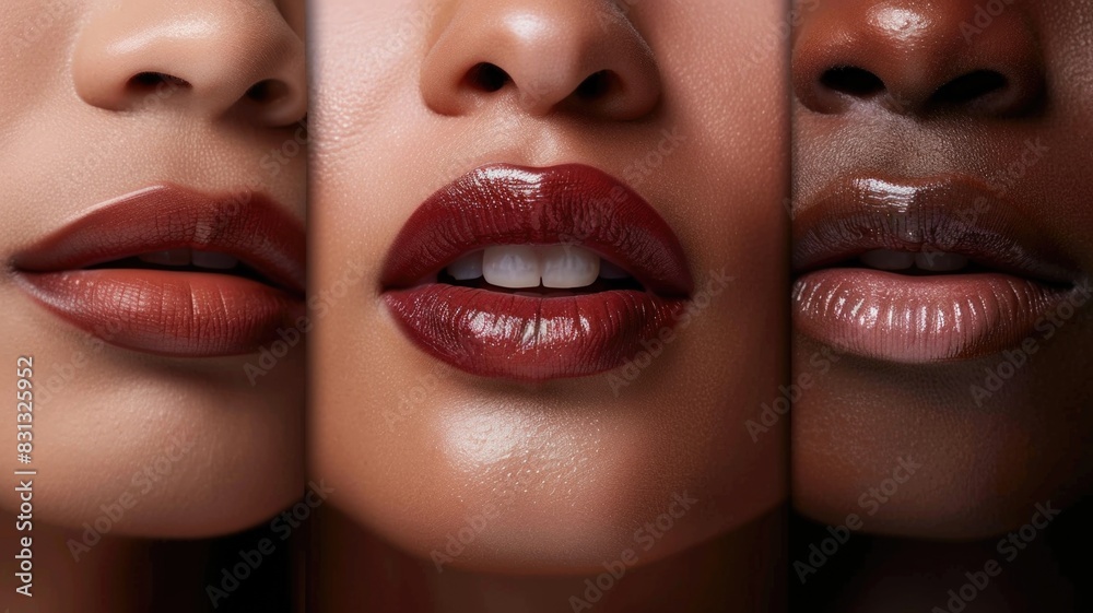 Diverse range of skin color lipstick shades displayed on lips of various skin tones, emphasizing the inclusive approach to makeup Diverse range of skin color lipstick shades displayed on lips of various skin tones, emphasizing the inclusive approach to makeup