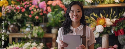 Happy smiling girl florist holding a tablet at a flower shop