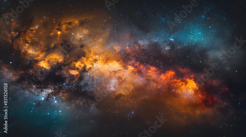 A starry sky with a bright orange cloud in the middle