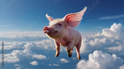 A portrait of a pink flying pig with angel like wings above clouds in the blue dreamy sky with copy space 