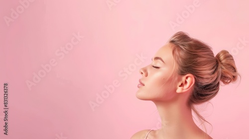 Side profile of a young woman with a bun and clear skin against a pink background. Ideal for beauty and skincare ads.