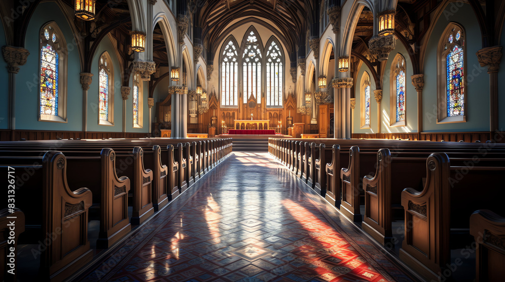 The image shows an empty church with stained glass windows and wooden pews.

