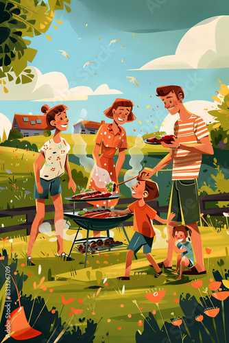 Happy American family celebrates with a barbecue