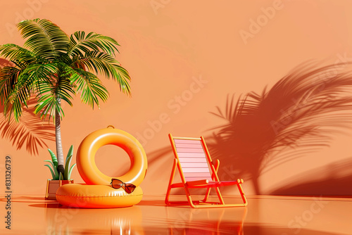 inflatable ring, folding chair, sunglasses and palm trees against
