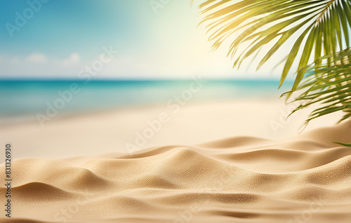 Beautiful background for summer vacation and travel Golden sand of tropical beach, Sand with blurred Palm and tropical beach bokeh background Summer vacation and travel concept Copy space 