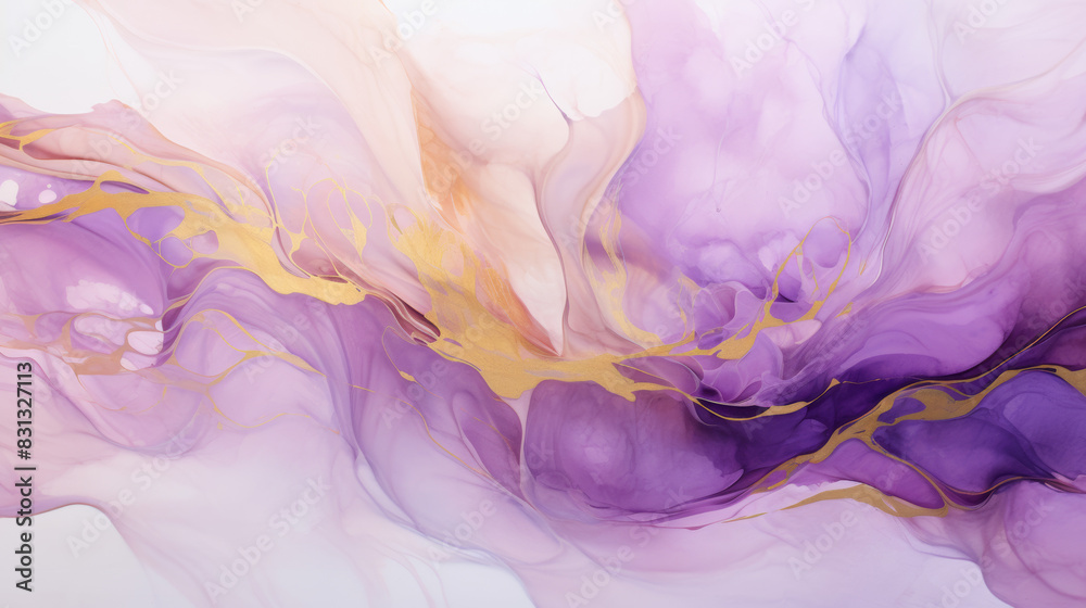 Abstract purple and gold fluid art blending smoothly, creating a mesmerizing flow of vibrant colors and textures. Perfect for modern decor.