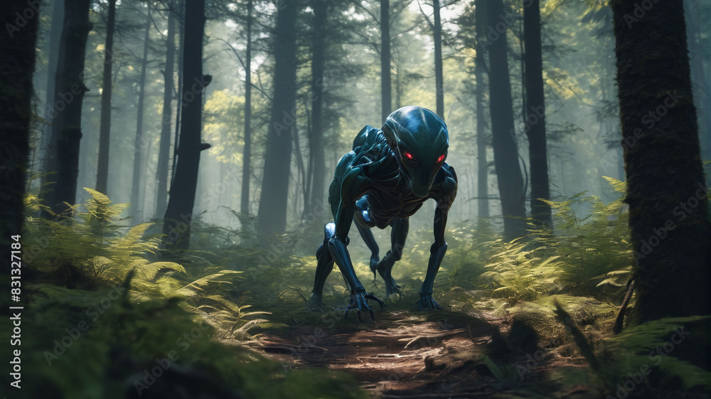 Amidst the Silent Woods, unseen predators lurk, their alien forms blending seamlessly with the shadows, waiting to strike unsuspecting prey, Generative AI Amidst the Silent Woods, unseen predators lurk, their alien forms blending seamlessly with the shadows, waiting to strike unsuspecting prey, Generative AI