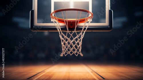 A basketball hoop is seen up close with the backboard and net in focus.