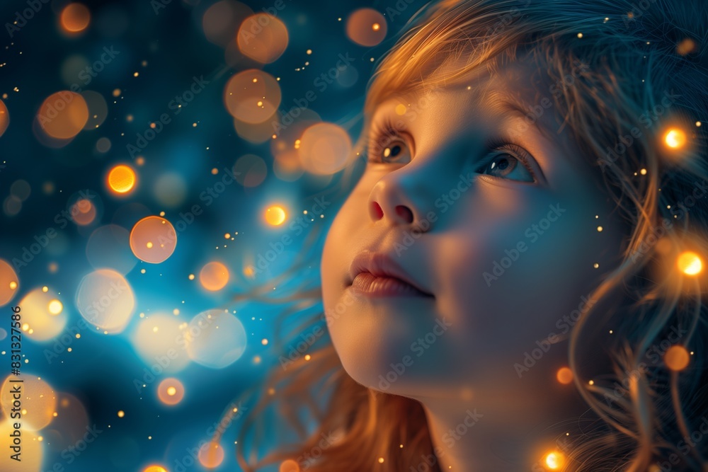 Cute little girl looks up in surprise at magical golden bokeh, on blue background with golden lights. Atmosphere of magical holiday, happy childhood, children's day Cute little girl looks up in surprise at magical golden bokeh, on blue background with golden lights. Atmosphere of magical holiday, happy childhood, children's day