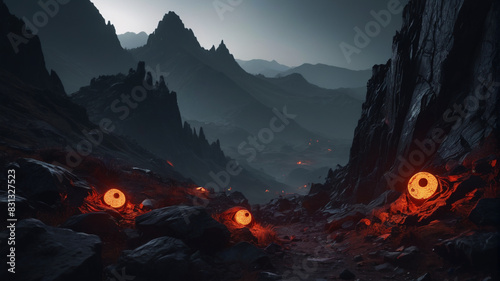 Amidst the Haunted Mountains, predatory beings with eyes that glow in the darkness stalk their prey, their stone-like skin blending with the craggy terrain, Generative AI photo