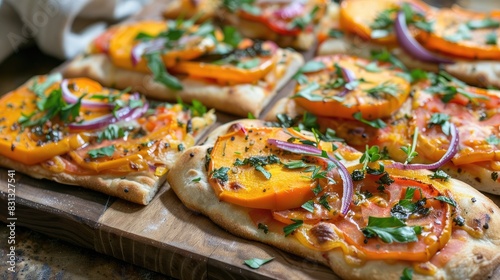 Flavorful flatbread topped with tomato pumpkin red onion and herbs
