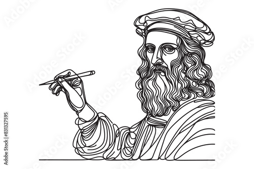 Continuous line portrait of Leonardo da Vinci. One line vector of the artist's face. Vector illustration of the artist da Vinci