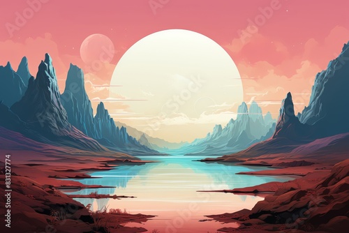 An epic landscape painting of a beautiful alien planet with a large moon and mountains in the background