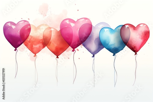 Aquarelle painting of a cluster of variously-colored heart-shaped balloons.