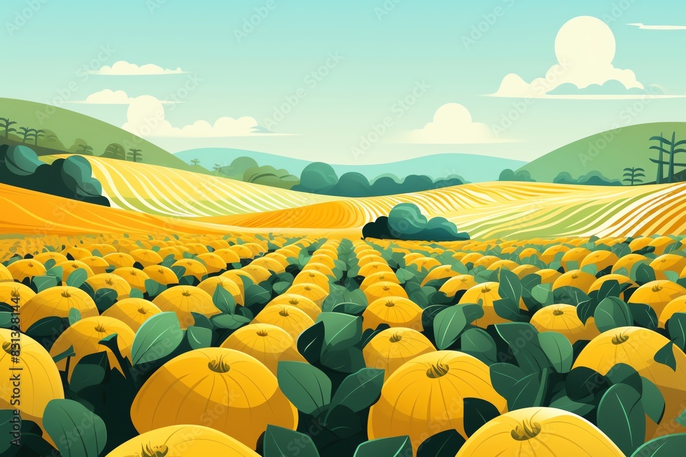 Fototapeta premium A bountiful harvest of pumpkins, ready to be picked. The perfect setting for a fall festival or Thanksgiving celebration.