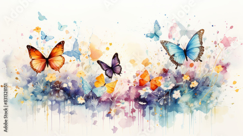 Colorful watercolor painting of butterflies and flowers on a white background  evoking a sense of nature  freedom  and beauty.