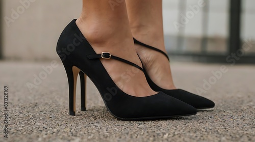  pair of black suede high heel shoes with ankle straps.