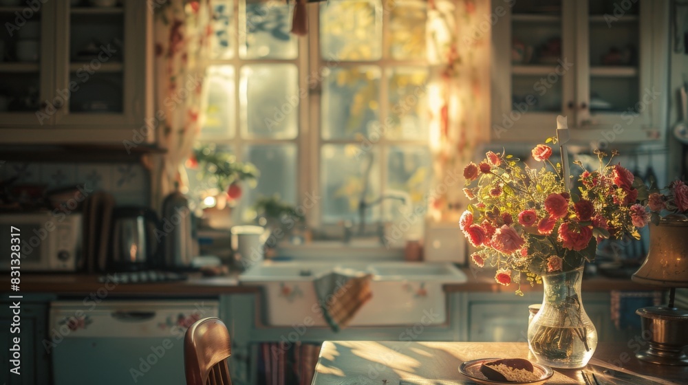 A sunlit cozy kitchen featuring a table with a flower vase, highlighting warm morning light through the window.
