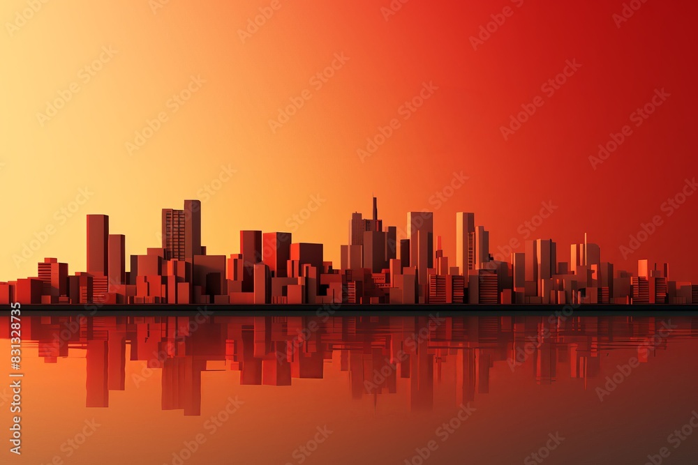 A stunning sunset over a modern city. The warm colors of the sky and the reflection of the buildings in the water create a beautiful and peaceful scene.