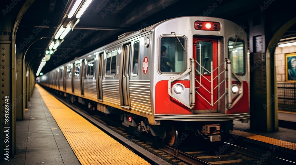 Fototapeta premium Dynamic subway train in motion urban transportation concept in a bustling city environment