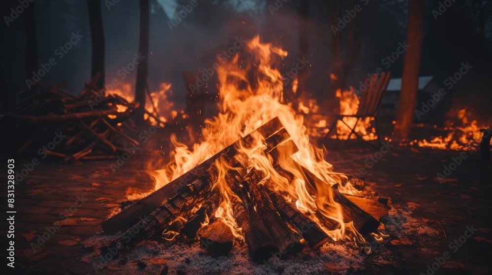Vivid and intense flames illuminating the night sky in a fierce and powerful inferno Vivid and intense flames illuminating the night sky in a fierce and powerful inferno