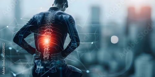 Person experiencing lower back pain specifically while sitting or standing. Concept Back Pain Management, Exercise Tips, Posture Improvement, Pain Relief Techniques, Ergonomic Solutions photo