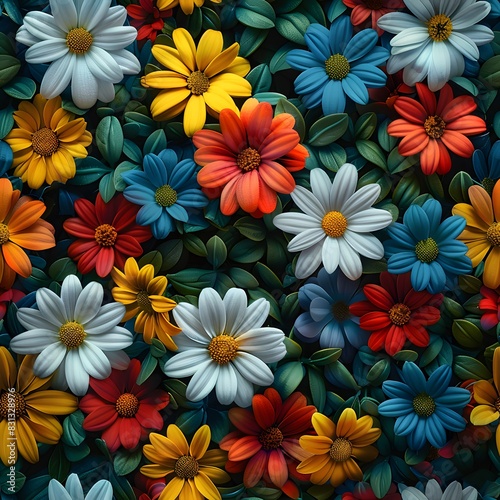Close-up view of various colorful realistic spring flowers arranged in detailed pattern, rich hues of red, yellow, blue