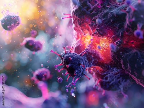 A detailed illustration of viruses invading a human cell, showing colorful interactions and structures against a vibrant background