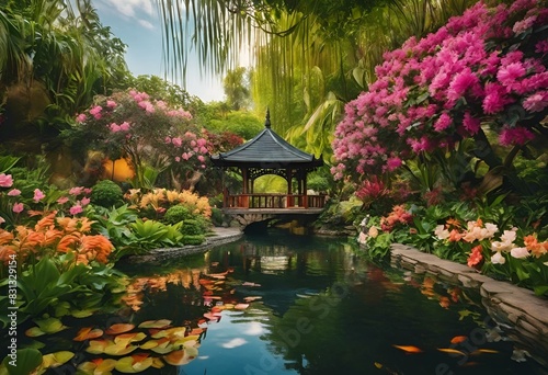 AI generated illustration of a lush garden with flowers, pond, and charming bridge over water