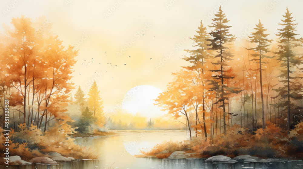 Stunning watercolor landscape of a serene autumn lake, with vibrant fall foliage and a golden sunset reflecting on the water.