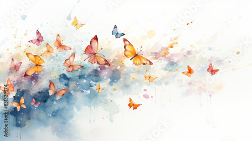 Vibrant watercolor painting of butterflies in flight, creating a dreamy and artistic representation of nature's beauty with soft colorful hues.