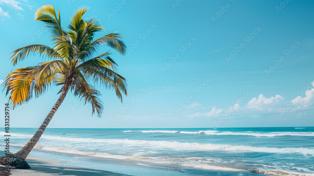 A palm tree on a beach with great copy space, Summer theme.