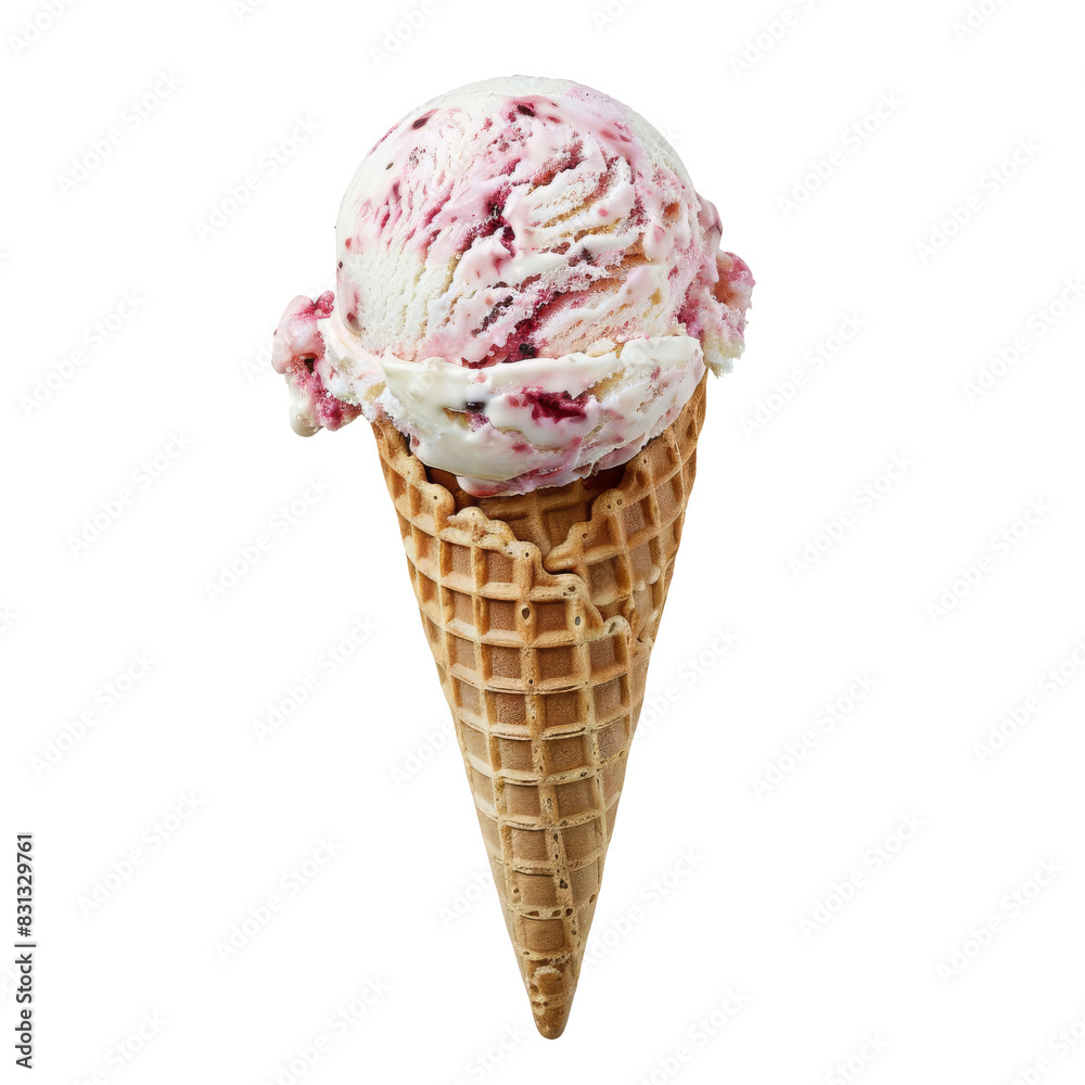 Delicious cone of creamy strawberry ice cream with waffle texture, isolated on white background, perfect for dessert themes. Delicious cone of creamy strawberry ice cream with waffle texture, isolated on white background, perfect for dessert themes.