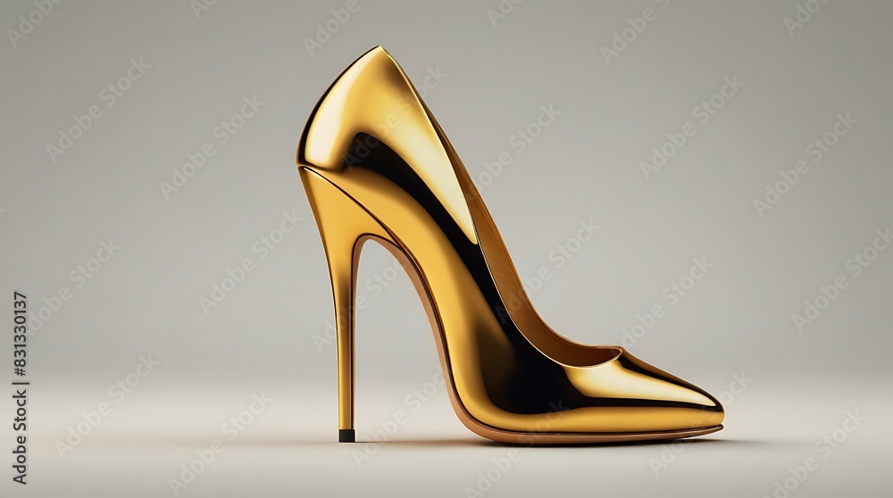3D rendering of a gold stiletto heel from a side view on a gray background. 3D rendering of a gold stiletto heel from a side view on a gray background.