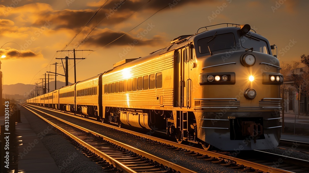 A yellow passenger train speeds through the countryside at sunset.