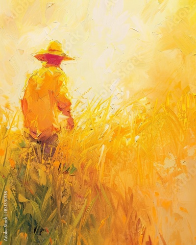 In soft brushstrokes, this impressionistic oil painting captures a figure by the cornfield in the warm light of the sunset.