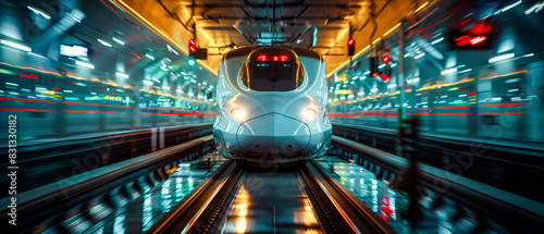 Futuristic High-Speed Train: Sleek and Modern Design in a Vibrant, Neon-Lit Station Showcasing Advanced Transportation Technology and Urban Innovation Wallpaper Digital Art Poster Brainstorming 