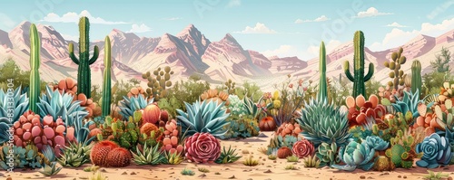 A closeup of desert flora, with intricate details of succulents and hardy plants thriving in the arid environment, sharp focus, high detail, illustration style,