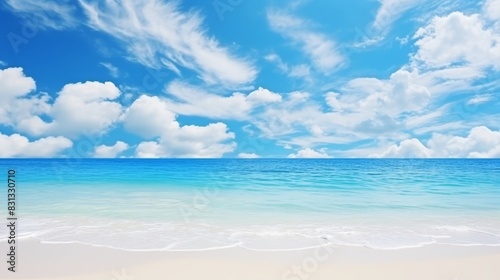 Fototapeta Naklejka Na Ścianę i Meble -  Tranquil maldives island  white sandy beach, turquoise ocean waves, and blue sky panorama