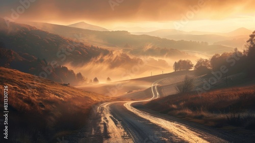 A deserted mountain road at sunrise, with mist rolling over the hills and the warm glow of morning light illuminating the landscape