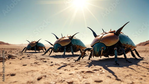 In the Kingdom of Titans, massive beetles rule over vast expanses of land, their armored shells reflecting the light of the sun as they roam their domain, Generative AI