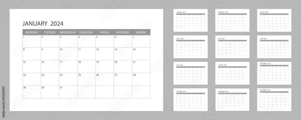 Calendar for 2024. The week starts on Monday. Desk planner. Corporate or business calendar. English calendar Calendar for 2024. The week starts on Monday. Desk planner. Corporate or business calendar. English calendar