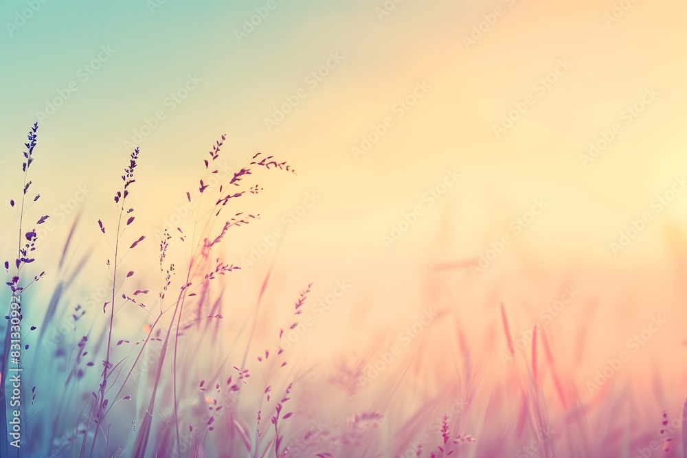 Pastel Sunset Over Blurred Grass Meadow Pastel Sunset Over Blurred Grass Meadow