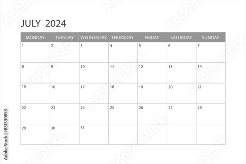Calendar for July 2024. The week starts on Monday. Glider