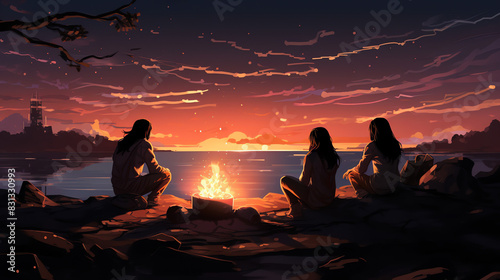 A group of seven friends are camping together in the wilderness. They have set up a campfire and are sitting around it  enjoying the sunset over a lake.  