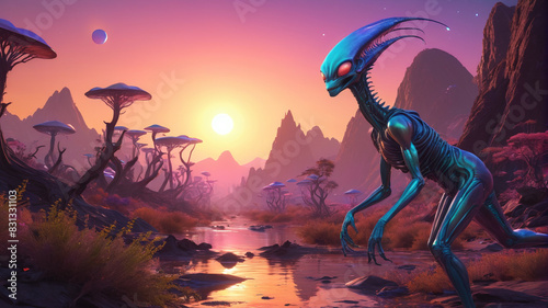 Amidst the Extraterrestrial Menagerie, alien creatures with iridescent scales and multiple limbs roam vast, surreal landscapes under the glow of alien suns, Generative AI photo